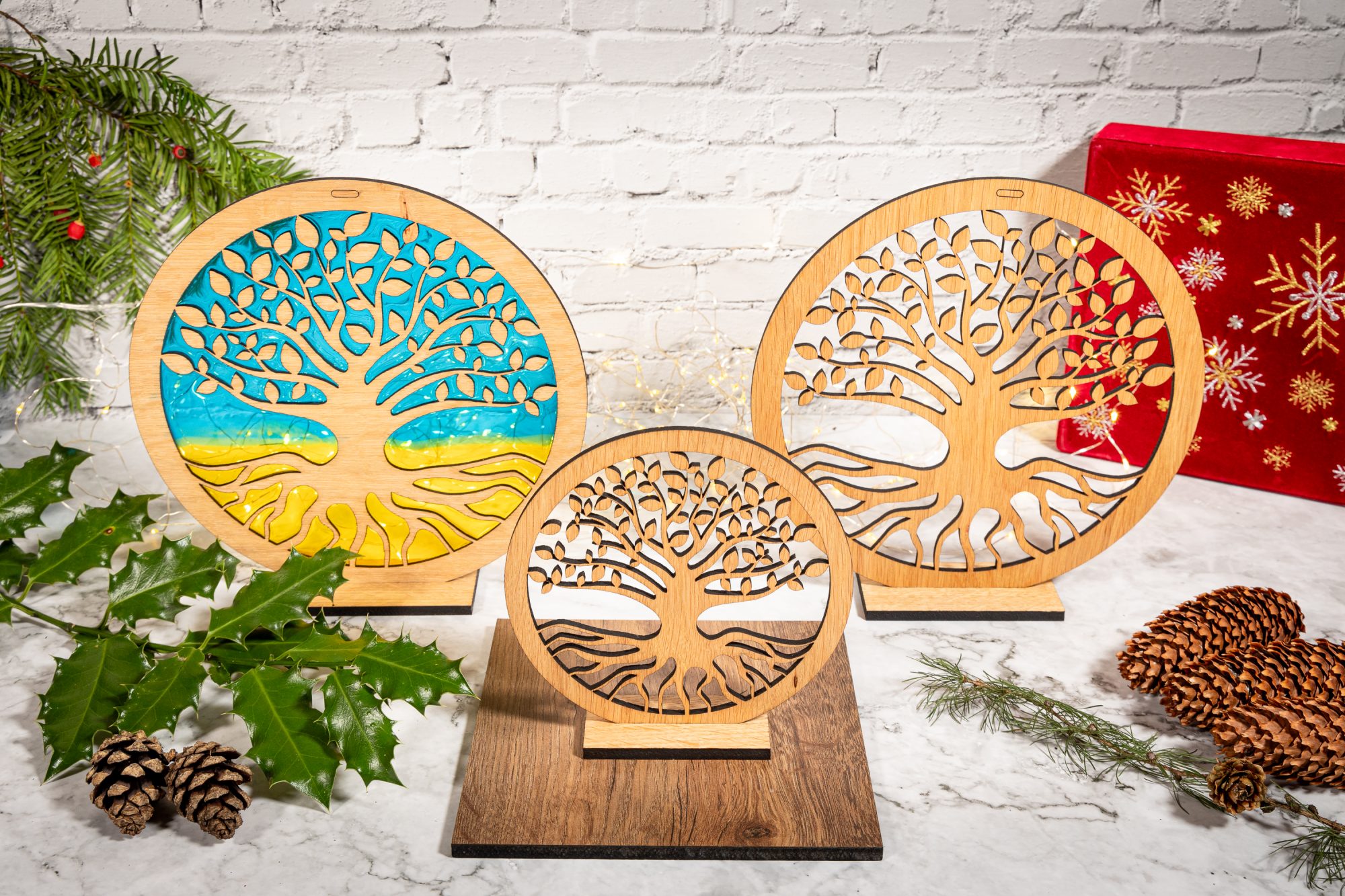 tree of life decorations. Laser cut from oak wood