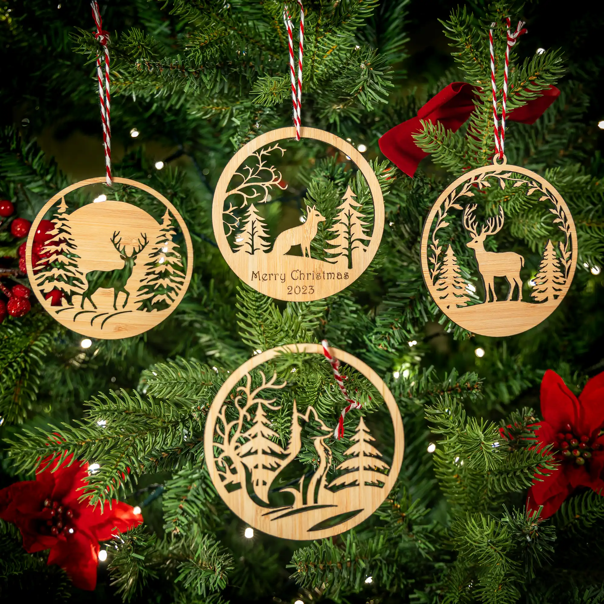 Bamboo Winter Fox Deer Christmas Tree Decorations - Eco-friendly gifts and ornaments - Kyloe Creations
