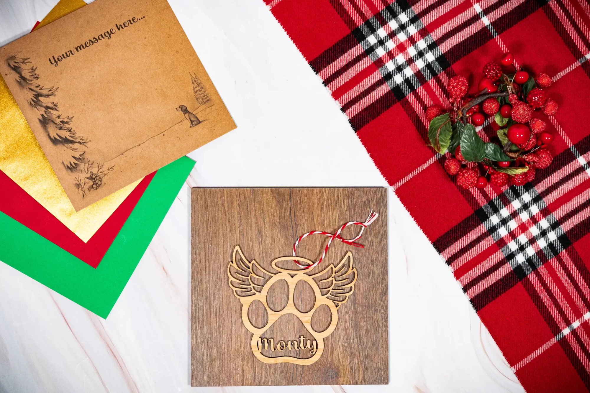 Bamboo Dog Pawprint Name Memorial Christmas Tree Decoration - Eco-friendly gifts and ornaments - Kyloe Creations