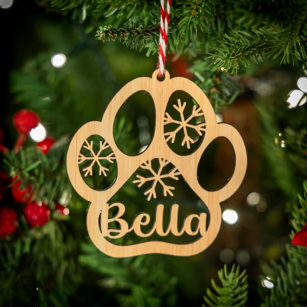 Bamboo Dog Pawprint Name Christmas Tree Decoration - Eco-friendly gifts and ornaments - Kyloe Creations