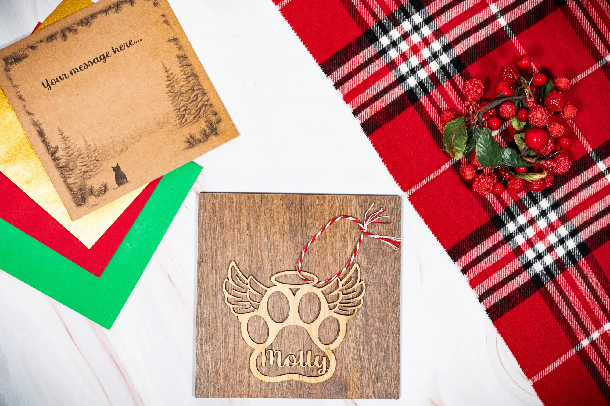 Bamboo Cat Pawprint Name Memorial Christmas Tree Decoration - Eco-friendly gifts and ornaments - Kyloe Creations