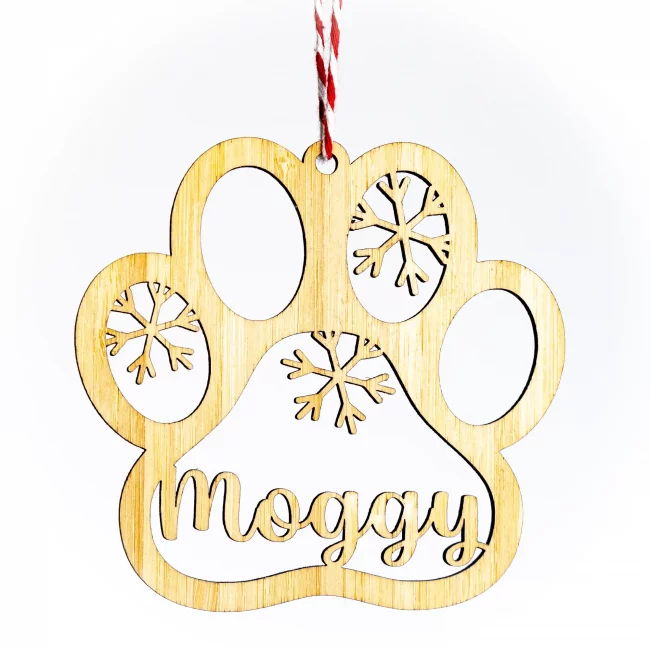 Bamboo Cat Pawprint Name Christmas Tree Decoration - Eco-friendly gifts and ornaments - Kyloe Creations