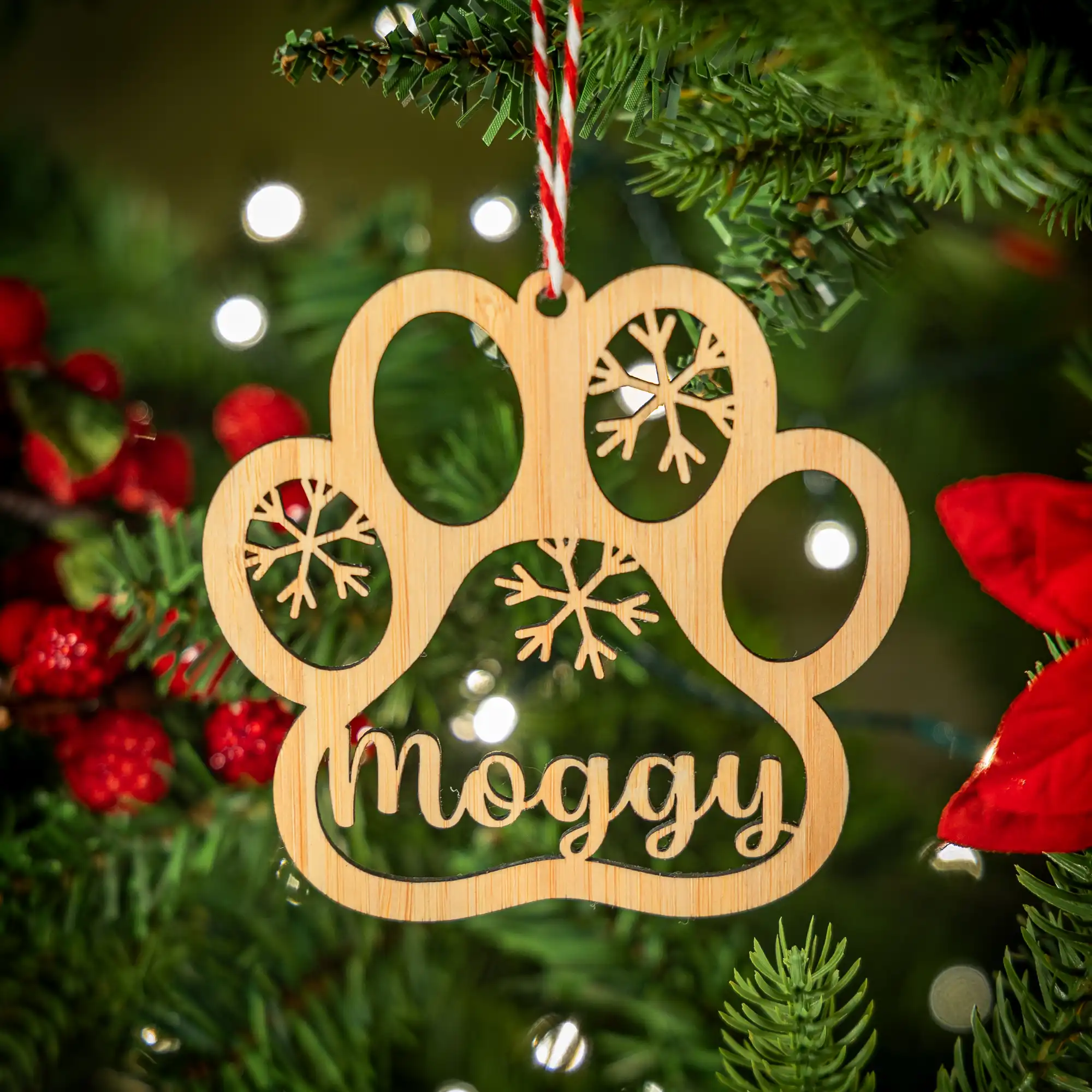 Bamboo Cat Pawprint Name Christmas Tree Decoration - Eco-friendly gifts and ornaments - Kyloe Creations