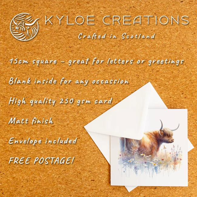 An information graphic describing a set of greeting cards with a Highland Cow and wildflower meadow designs. The same information is in the product description.