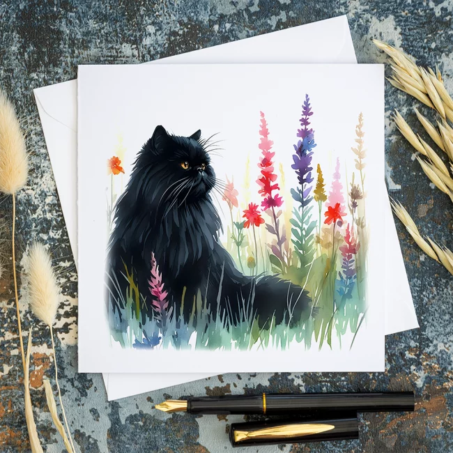 An image of a greeting card featuring a black Persian cat in a wildflower meadow.
