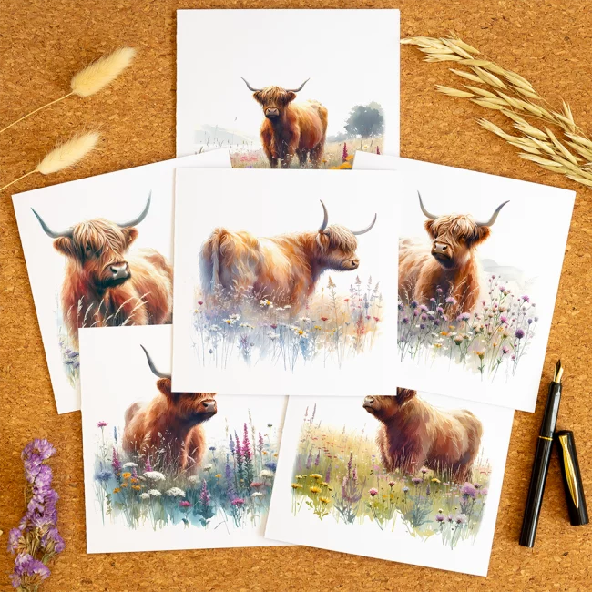 Image of a set of 6 greeting cards with Highland Cow and wildflower meadow designs.