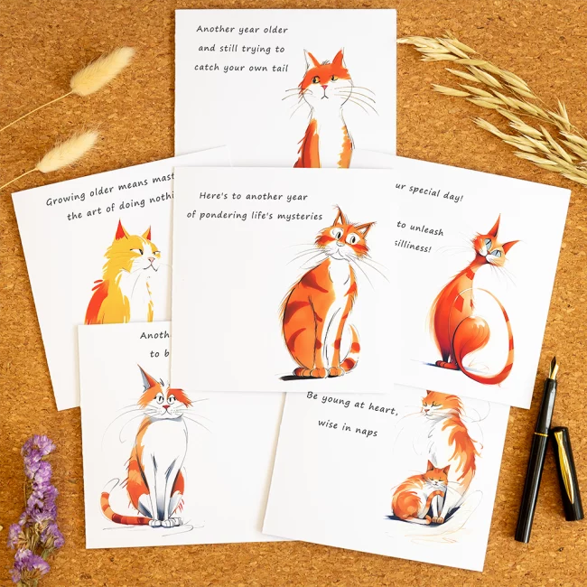 Image of a set of 6 cat humour birthday cards with cartoon ginger cat designs and funny captions.