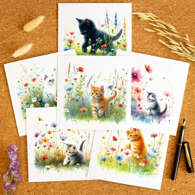 Image of a set of 6 greeting cards with assorted kittens in wildflower meadows.