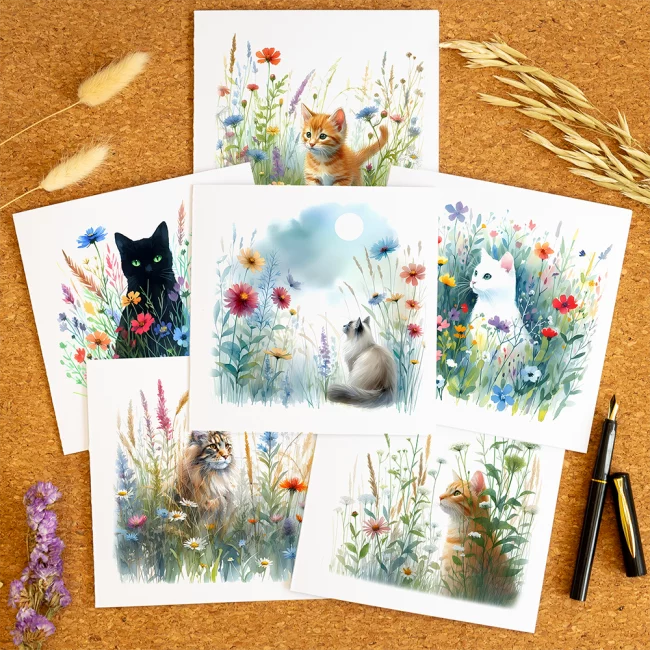 Image of a set of 6 greeting cards with assorted cats in wildflower meadow designs.